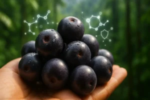 Bayas de Acai frescas del Amazonas, ricas en antioxidantes, representando sus beneficios para la salud celular y energía.