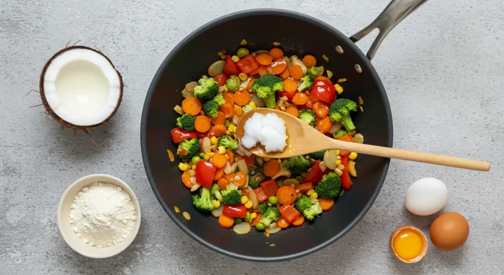 Escena de cocina mostrando aceite de coco utilizado para saltear verduras y como ingrediente para hornear, ilustrando sus usos culinarios.