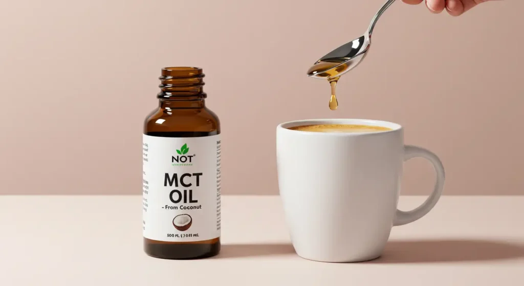 Bote de Aceite MCT derivado del coco, con una gota cayendo, representando su uso como suplemento para energía rápida.