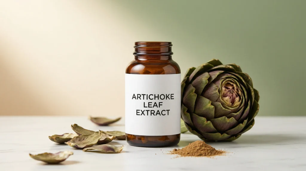 Extracto de hoja de alcachofa en cápsulas junto a una alcachofa fresca sobre superficie de mármol