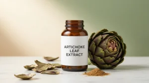 Extracto de hoja de alcachofa en cápsulas junto a una alcachofa fresca sobre superficie de mármol