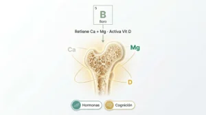 Infografía del boro (B) como oligoelemento que mejora la retención de calcio y magnesio en los huesos y activa la vitamina D, con beneficios adicionales en hormonas y cognición