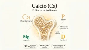 Infografía del calcio: corte transversal del hueso mostrando la estructura de hidroxiapatita con calcio, fósforo, magnesio y vitamina D como componentes esenciales de la mineralización ósea