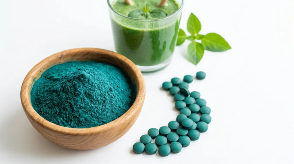 Polvo de espirulina en bowl de madera con tabletas y batido verde
