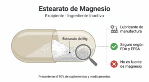 Infografía del estearato de magnesio como excipiente: cápsula transparente mostrando el lubricante de manufactura, con indicadores de seguridad (aprobado por FDA) y aclaración de que no es fuente de magnesio suplementario