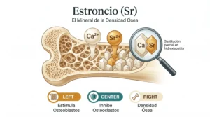 Infografía del estroncio: corte transversal del hueso con ion Sr²⁺ incorporándose a la hidroxiapatita junto al calcio, con funciones de estimulación de osteoblastos, inhibición de osteoclastos y mejora de la densidad ósea