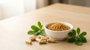 Semillas de fenogreco doradas en cuenco de cerámica junto a cápsulas de extracto y hojas frescas de la planta sobre superficie de madera