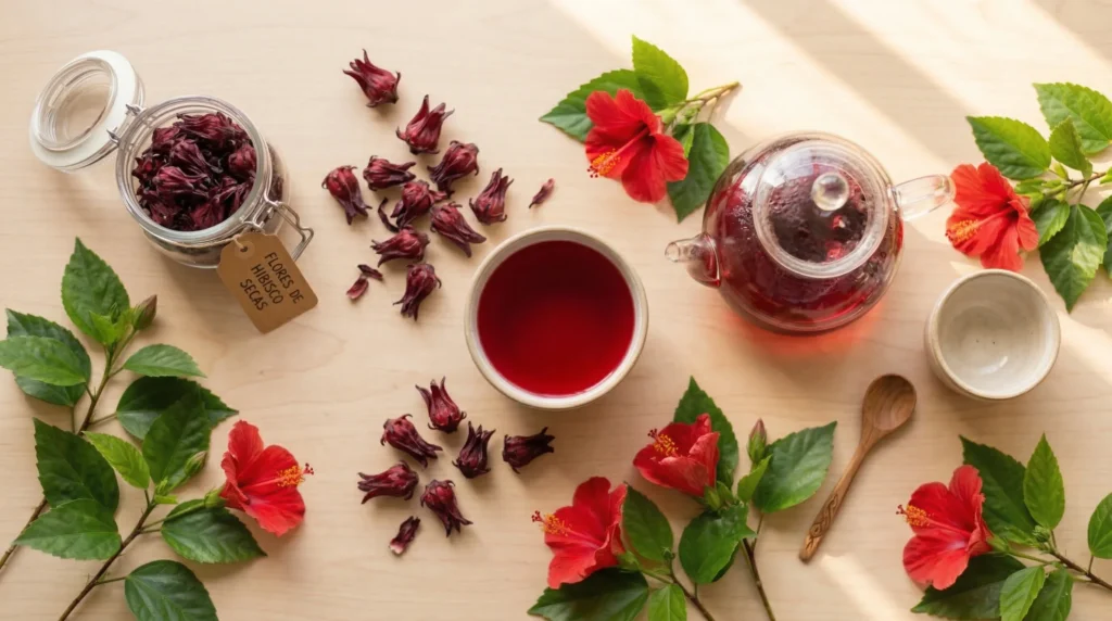 Flores secas de jamaica (hibiscus) junto a una taza de té rojo intenso, infusión rica en antocianinas antioxidantes
