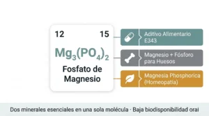 Ficha del fosfato de magnesio (Mg₃(PO₄)₂): sal inorgánica con doble aporte mineral (magnesio y fósforo), usos como aditivo alimentario E343, soporte óseo y base del remedio homeopático magnesia phosphorica