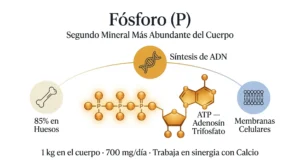 Infografía del fósforo: molécula de ATP con tres grupos fosfato, mostrando las funciones del fósforo en huesos (85%), síntesis de ADN y membranas celulares
