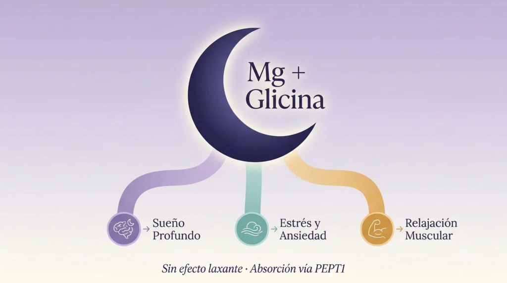 Infografía del glicinato de magnesio: magnesio quelado con glicina para sueño profundo, manejo del estrés y relajación muscular, sin efecto laxante