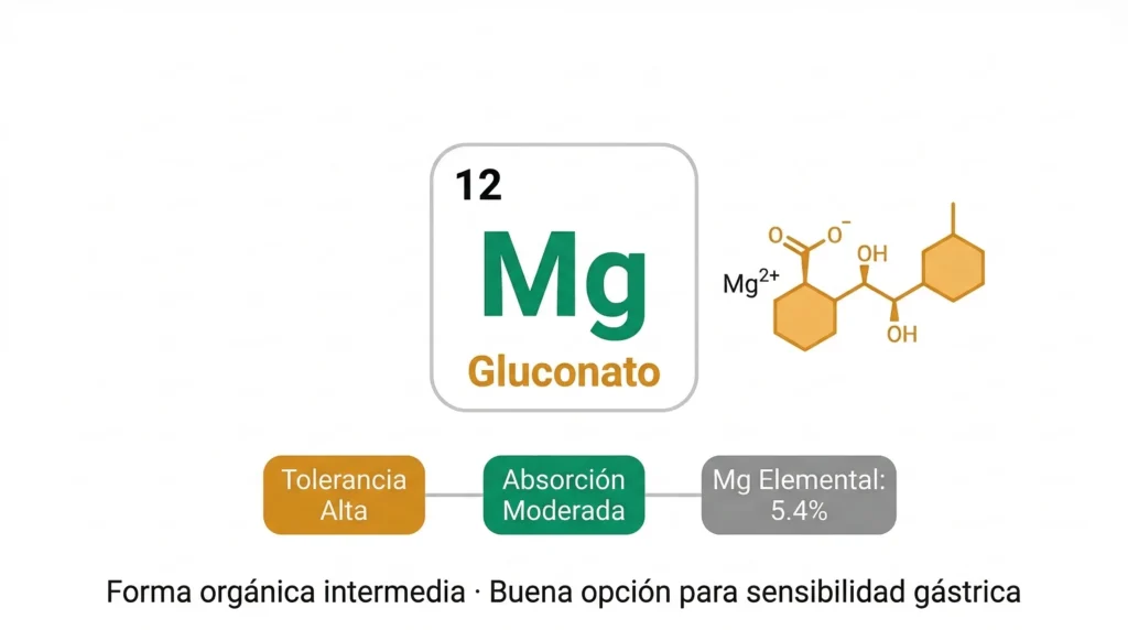 Ficha del gluconato de magnesio: magnesio unido a ácido glucónico, con indicadores de alta tolerancia gástrica, absorción moderada y bajo contenido de magnesio elemental (5.4%)