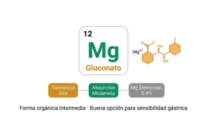 Ficha del gluconato de magnesio: magnesio unido a ácido glucónico, con indicadores de alta tolerancia gástrica, absorción moderada y bajo contenido de magnesio elemental (5.4%)