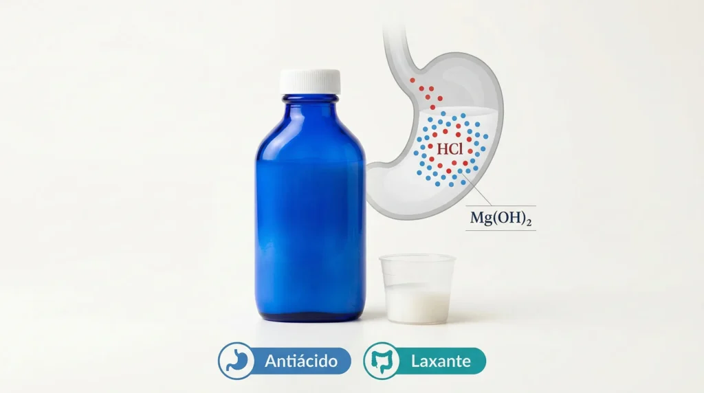 Hidróxido de magnesio (leche de magnesia) en frasco con vaso dosificador, mostrando su doble función como antiácido estomacal que neutraliza el ácido clorhídrico y como laxante osmótico