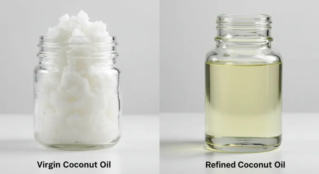 Comparación visual de aceite de coco virgen (sólido, blanco) y aceite de coco refinado (líquido, transparente), mostrando sus diferencias.