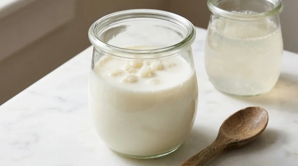 Kéfir de leche con granos visibles junto a kéfir de agua con burbujas, dos formas de esta bebida fermentada probiótica