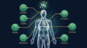Infografía de las funciones del magnesio en el cuerpo humano: cerebro, corazón, músculos, huesos, sistema nervioso y metabolismo de la glucosa