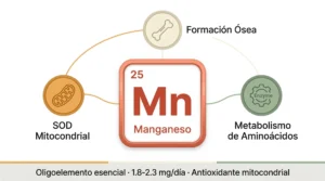 Ficha del manganeso (Mn) como oligoelemento esencial: número atómico 25, con funciones en la SOD mitocondrial (antioxidante), formación ósea y metabolismo de aminoácidos