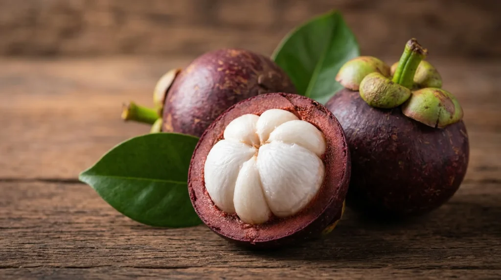 Mangostino abierto mostrando la pulpa blanca y la cáscara púrpura rica en xantonas antioxidantes