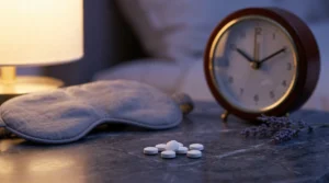Suplemento de melatonina en tabletas sublinguales junto a un reloj mostrando la noche, representando la regulación del ritmo circadiano
