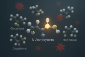 Visualización 3D de la molécula de N-acetilcisteína (NAC) actuando como antioxidante y precursora de glutatión para la protección celular.