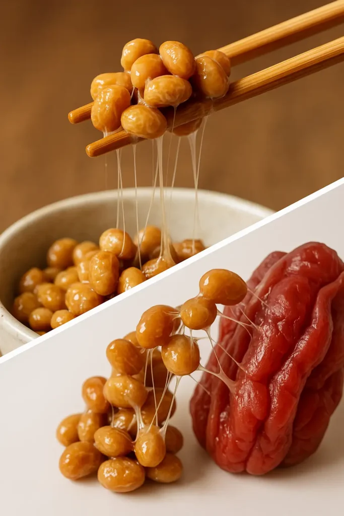 Fotografía de cerca de natto, soja fermentada japonesa, la única fuente natural de la enzima nattokinasa.