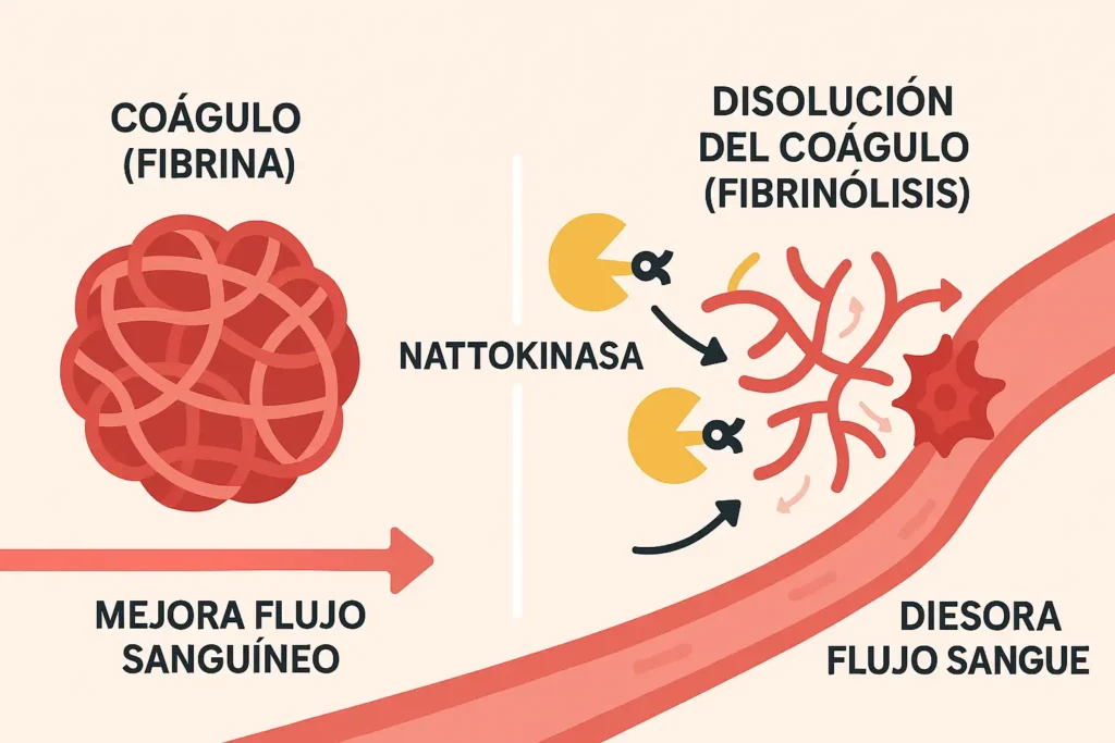 Diagrama explicando cómo la nattokinasa disuelve los coágulos de fibrina (fibrinólisis), mejorando el flujo sanguíneo.