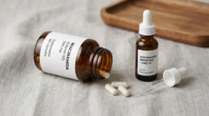 Cápsulas de niacinamida en frasco ámbar junto a sérum tópico