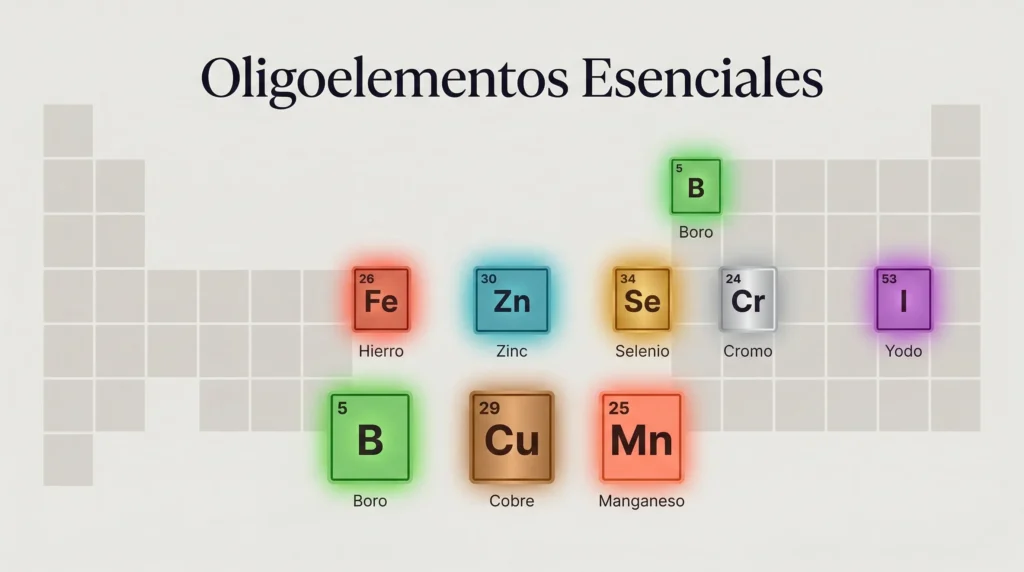 Los 8 oligoelementos esenciales del cuerpo humano: hierro, zinc, selenio, cromo, yodo, boro, cobre y manganeso, representados en la tabla periódica