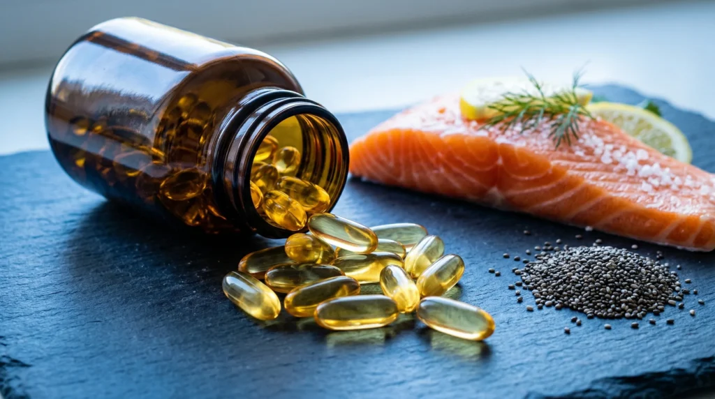 Cápsulas de omega-3 de aceite de pescado junto a salmón fresco y semillas de chía