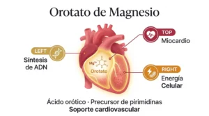 Infografía del orotato de magnesio: corazón con miocardio saludable y magnesio unido a ácido orótico, con funciones en síntesis de ADN, soporte del miocardio y energía celular