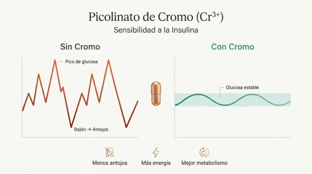 Infografía del efecto del picolinato de cromo en la glucosa: curva volátil sin cromo con picos y antojos vs. curva estable con cromo que mejora la sensibilidad a la insulina