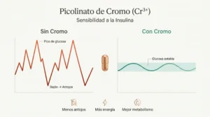 Infografía del efecto del picolinato de cromo en la glucosa: curva volátil sin cromo con picos y antojos vs. curva estable con cromo que mejora la sensibilidad a la insulina