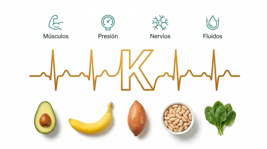 Electrocardiograma estilizado con el símbolo K del potasio integrado en la onda, acompañado de los alimentos más ricos en potasio: aguacate, banano, batata, frijoles y espinaca