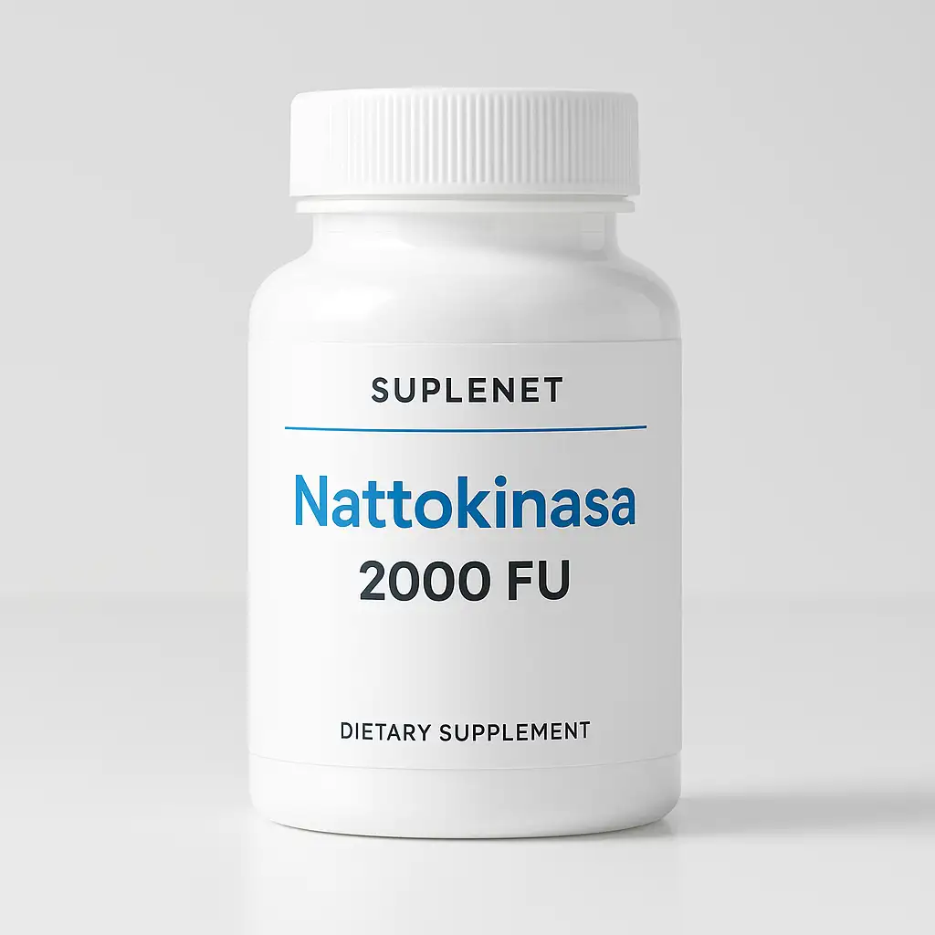 Fotografía de un bote de suplemento de Nattokinasa de 2000 FU (Unidades Fibrinolíticas) disponible en Suplenet.com.