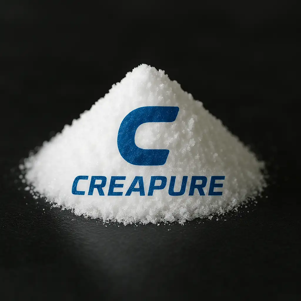 Macro fotografía de creatina monohidrato pura destacando el sello oficial Creapure®, garantía de máxima calidad y pureza alemana.