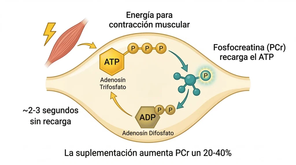 Diagrama del sistema ATP-fosfocreatina: ciclo de recarga de energía muscular donde la fosfocreatina regenera el ATP para la contracción