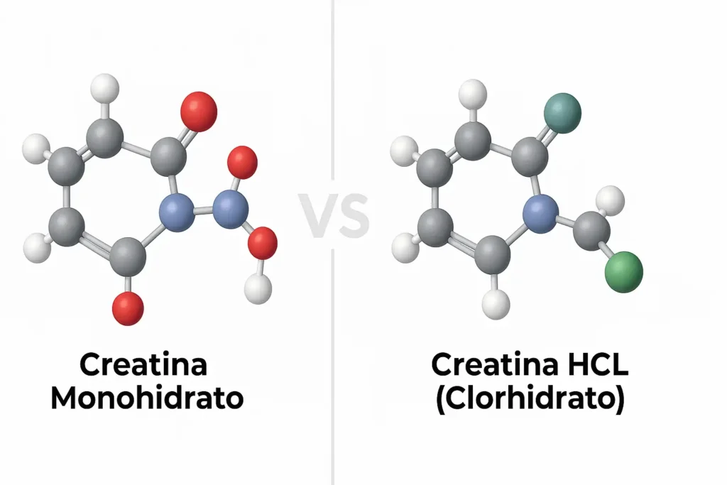 Ilustración comparativa de las estructuras moleculares 3D de la Creatina Monohidrato y la Creatina HCL.