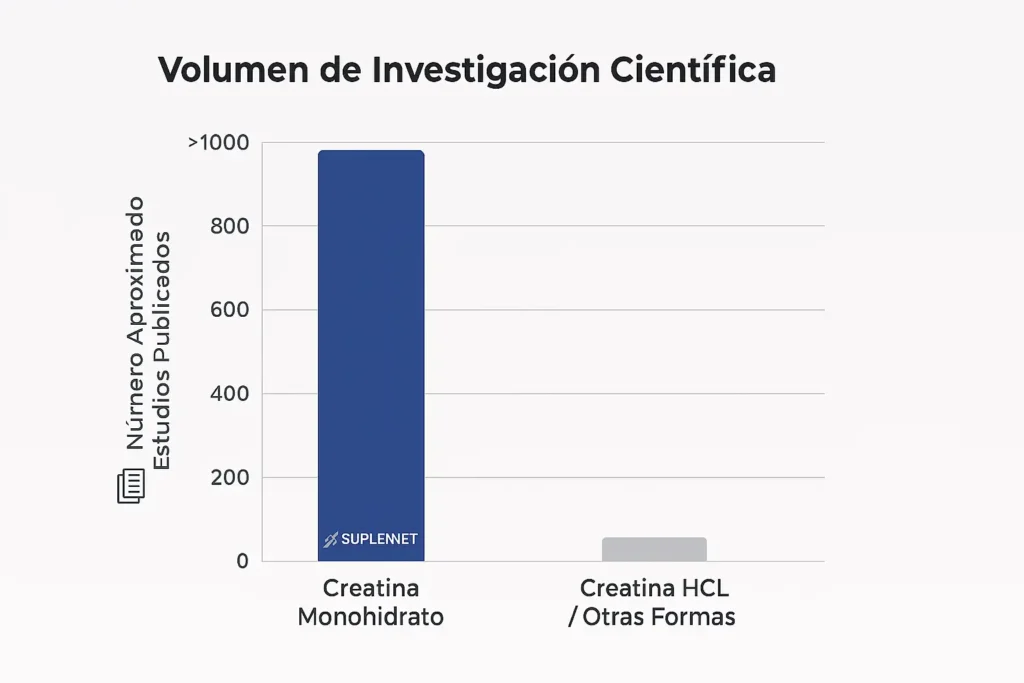 Gráfico comparativo mostrando el volumen masivo de investigación científica sobre Creatina Monohidrato vs la escasa evidencia para HCL y otras formas.