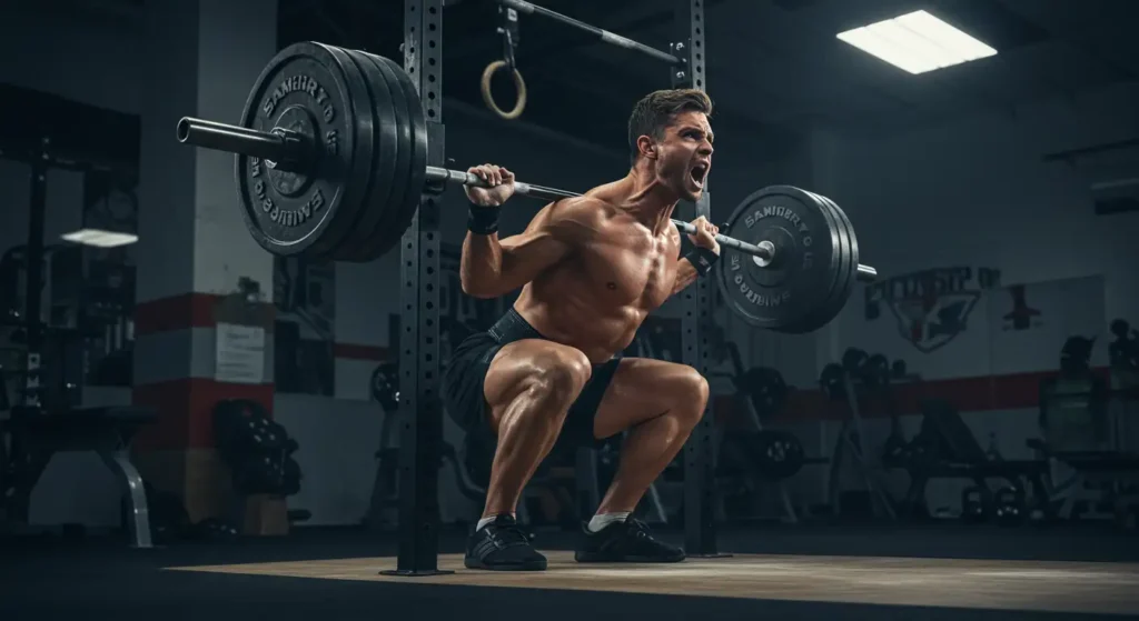 Atleta ejecutando una sentadilla pesada con barra, demostrando el concepto de una repetición máxima (1RM).