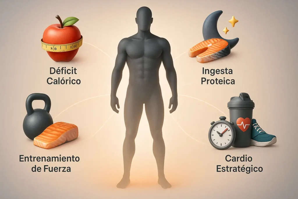 Infografía resumiendo las 5 estrategias para reducir grasa y mantener músculo: déficit calórico, proteína, fuerza, cardio y descanso.