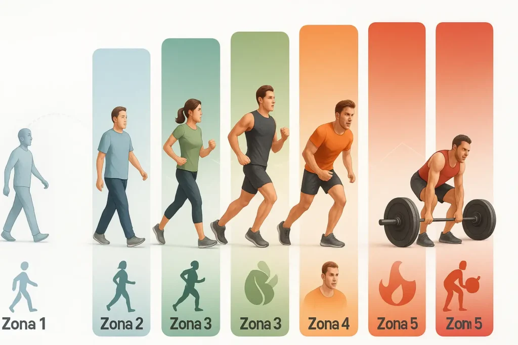 Infografía detallada de las 5 zonas de entrenamiento cardíaco, con colores e iconos representativos de la intensidad y actividad.