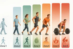 Infografía detallada de las 5 zonas de entrenamiento cardíaco, con colores e iconos representativos de la intensidad y actividad.