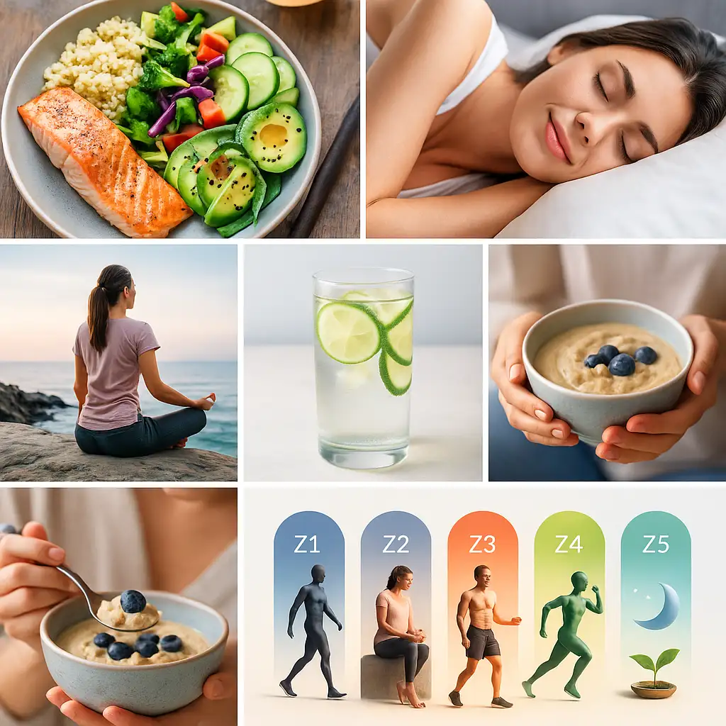 Collage de siete imágenes representando los hábitos para un peso saludable: alimentación, ejercicio, sueño, manejo del estrés, hidratación, mindful eating y consistencia.