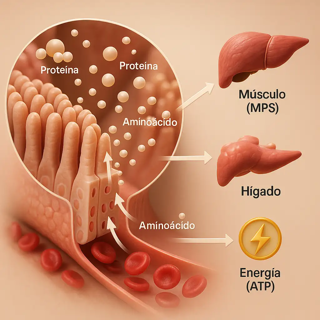 Diagrama 3D mostrando la absorción de proteínas en el intestino y su posterior utilización para síntesis muscular, energía y otras funciones.
