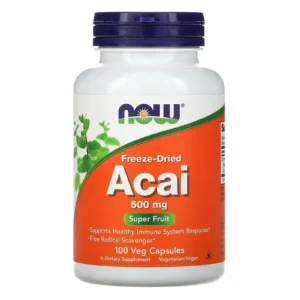 Frasco de Acai Liofilizado NOW Foods 500 mg, 100 cápsulas vegetales. Superfruta antioxidante para apoyo inmune. Compra online en Suplenet Colombia.