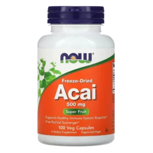 Frasco de Acai Liofilizado NOW Foods 500 mg, 100 cápsulas vegetales. Superfruta antioxidante para apoyo inmune. Compra online en Suplenet Colombia.