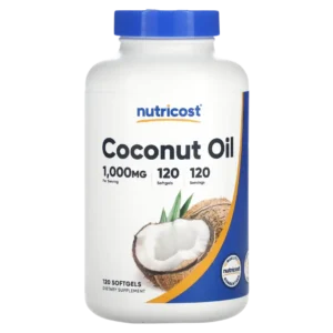 Frasco de Aceite de Coco Nutricost 1000 mg, 120 cápsulas blandas (softgels). Suplemento de MCTs para energía y dieta keto. Comprar online en Suplenet Colombia.