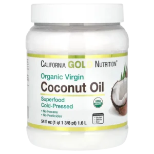 Frasco de Aceite de Coco Virgen Orgánico California Gold Nutrition, 1.6L, prensado en frío. Superalimento para cocina y bienestar. Comprar online en Suplenet Colombia.