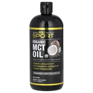 Frasco de Aceite MCT Orgánico California Gold Nutrition SPORT, 946 ml. Combustible cerebral y corporal para dieta keto. Compra online Suplenet Colombia.